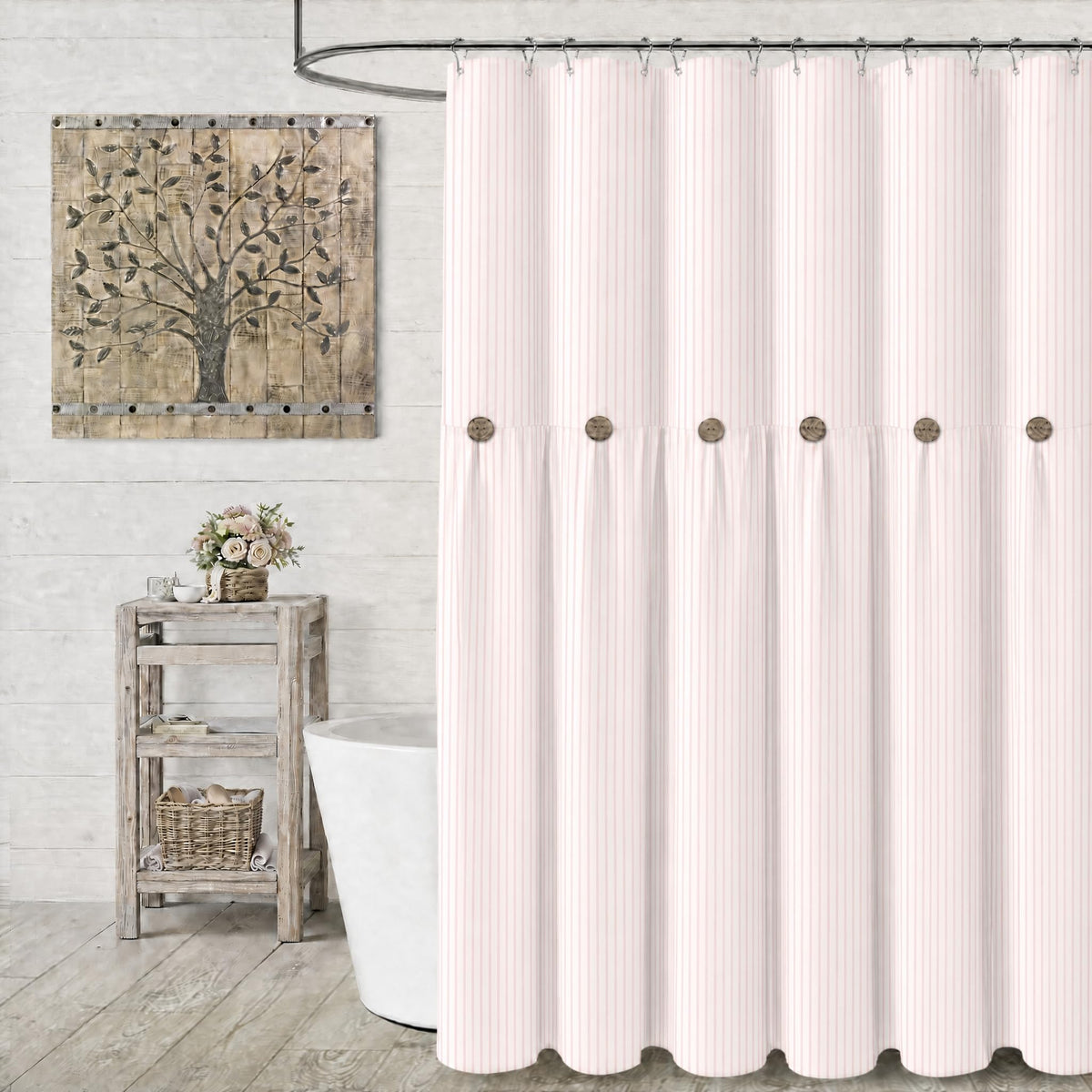 Farmhouse Shower Curtain Linen Beige Button Brown Stripe 72"W x 72"L