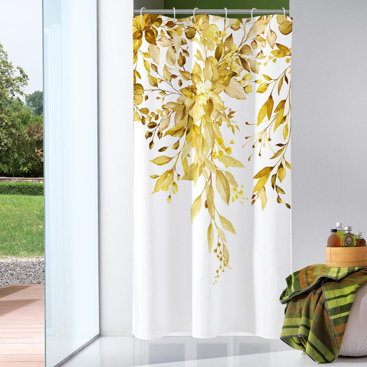 Gibelle Olive Green Eucalyptus Shower Curtain, Floral Print, 72x72