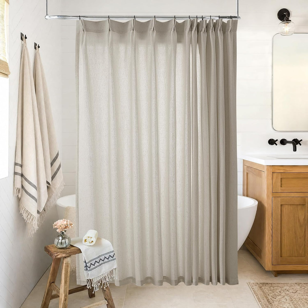 72 Inch Linen Pleated Shower Curtain Burlywood Birch Semi Sheer