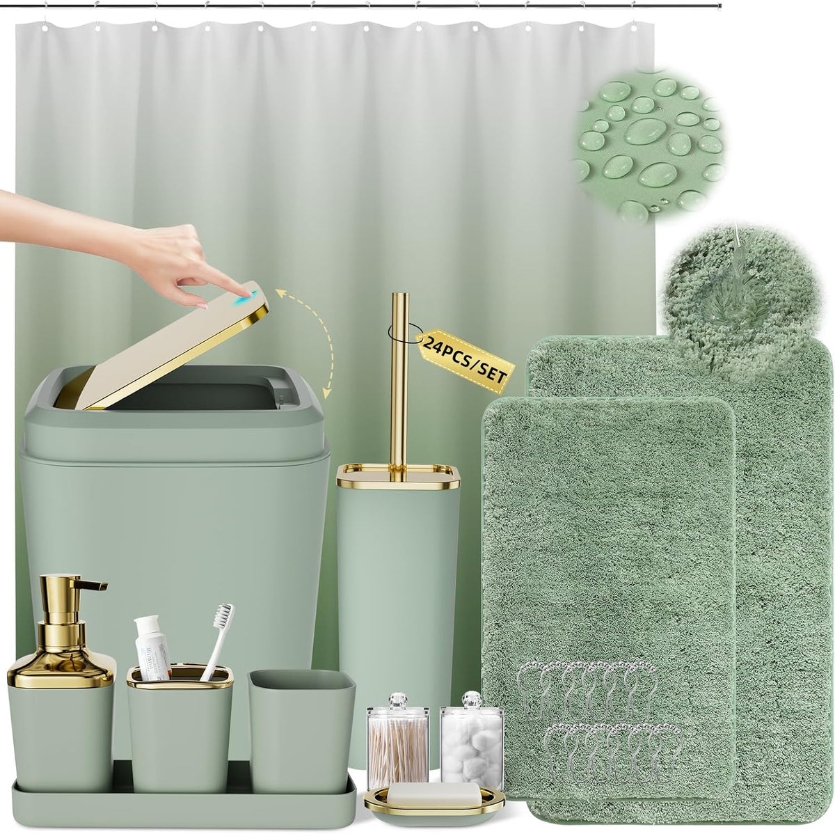 XLHOMO Sage Green Bathroom Set, Bathroom Sets with Shower Curtain and Rugs