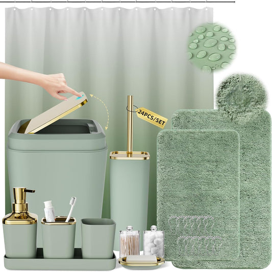 XLHOMO Sage Green Bathroom Set, Bathroom Sets with Shower Curtain and Rugs