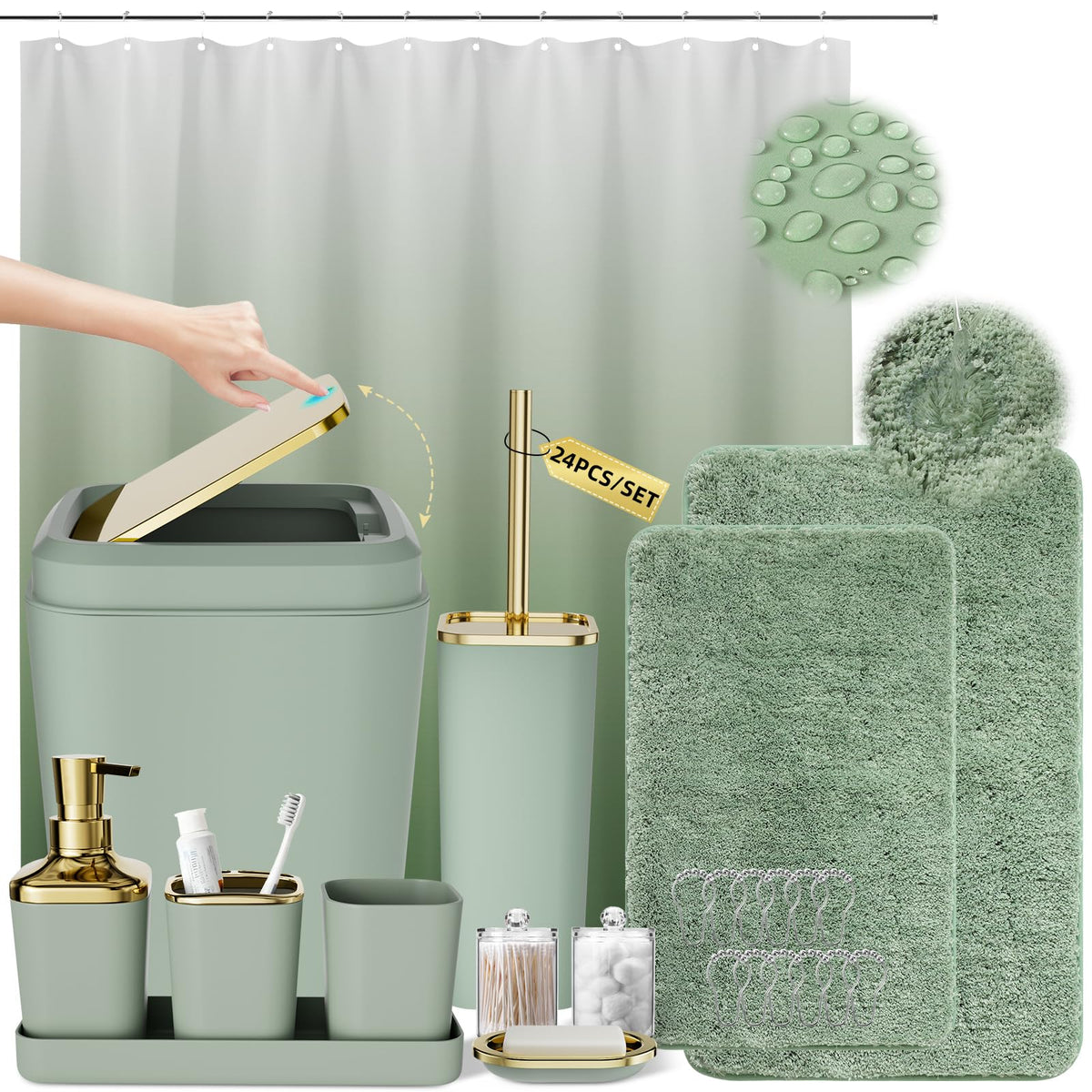 XLHOMO Sage Green Bathroom Set, Bathroom Sets with Shower Curtain and Rugs