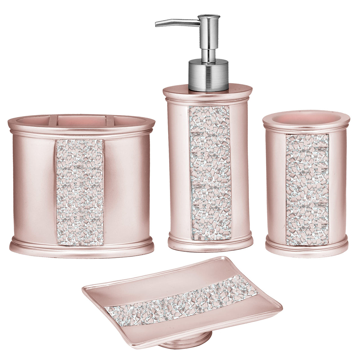 Zahari Home 4pc Modern Line Modern Bathroom Accessories Set Modern Soap Dispenser, Tumbler, Tooth Brush Holder and Dish Soap Holder Luxury Contemporary Grey Decor Unique Design Luxury Bath Set