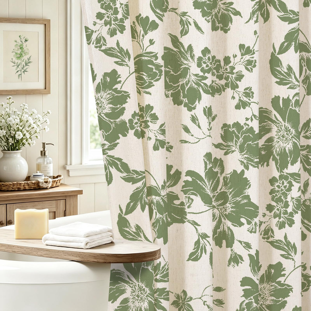 Sage Farmhouse Boho Botanical Floral Linen Shower Curtain, 72x72