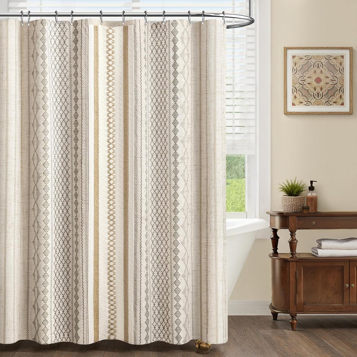 Natural Linen Boho Shower Curtain,72" W x 72" L