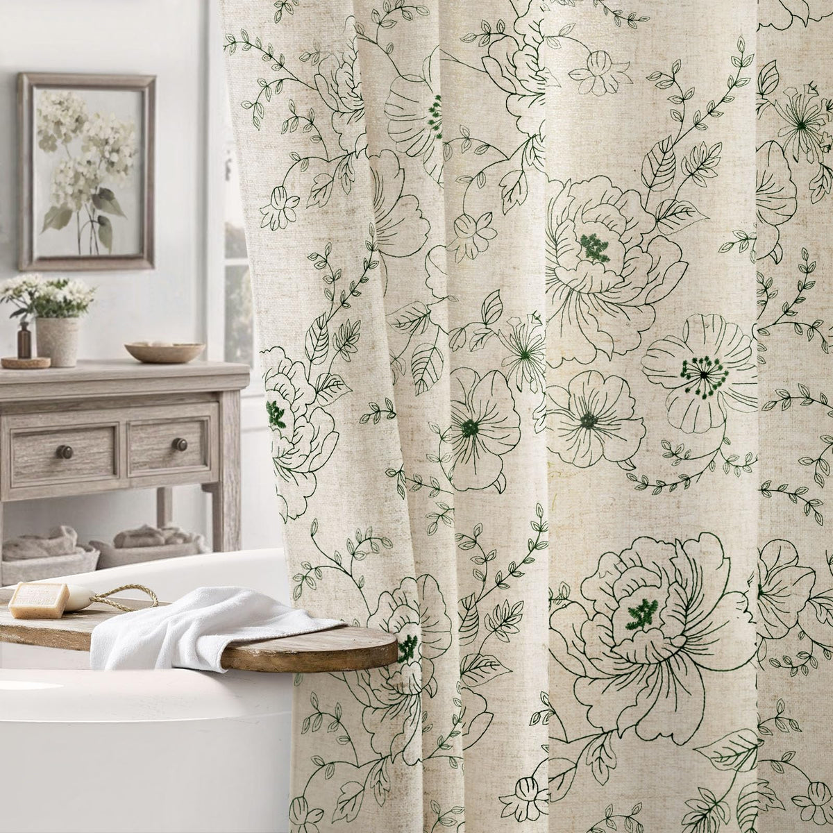 Farmhouse Floral Vintage Shower Curtain for Bathroom, Black and Tan Taupe