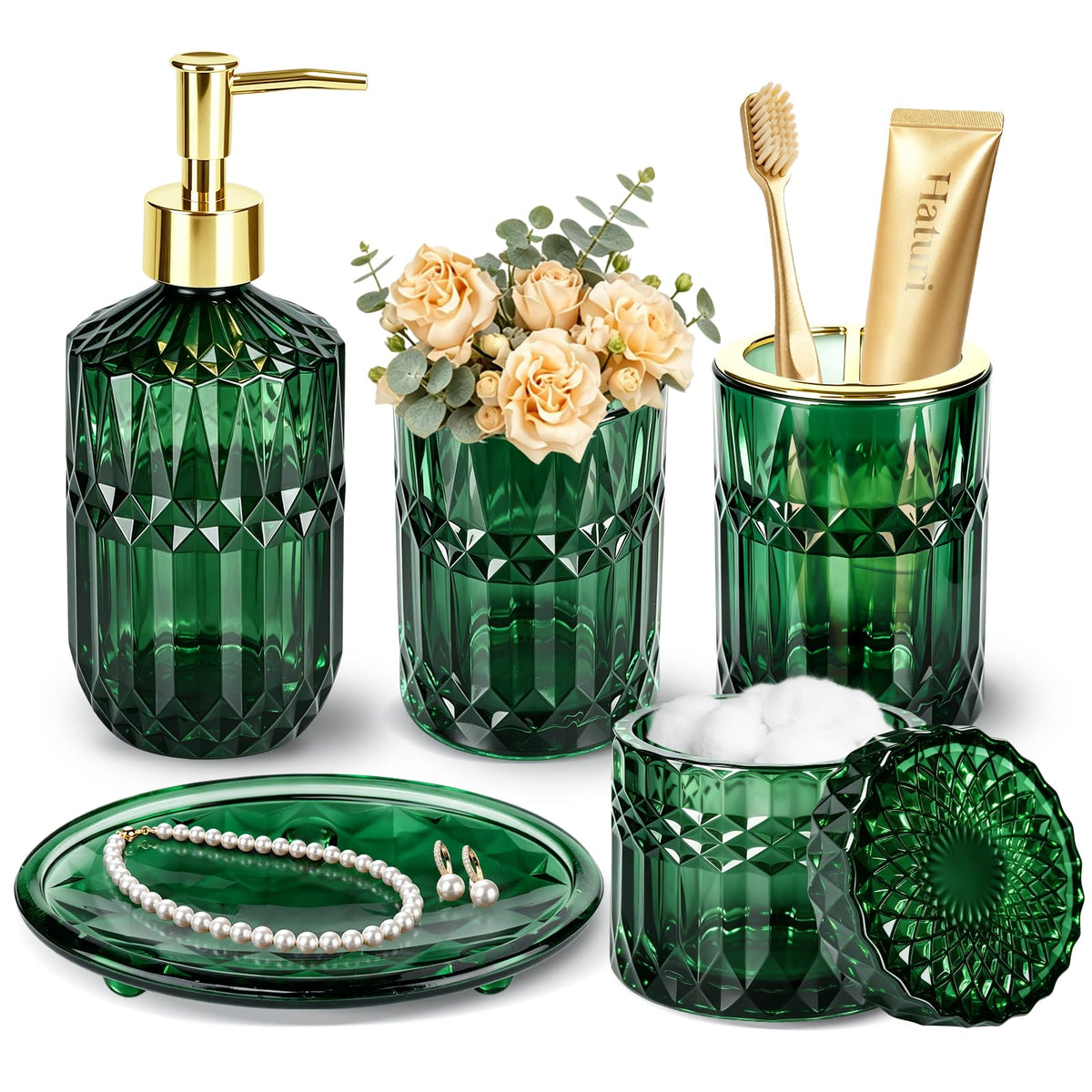 Haturi Glass Bathroom Accessories Set, Sage Green Bathroom Set, 4 Pcs