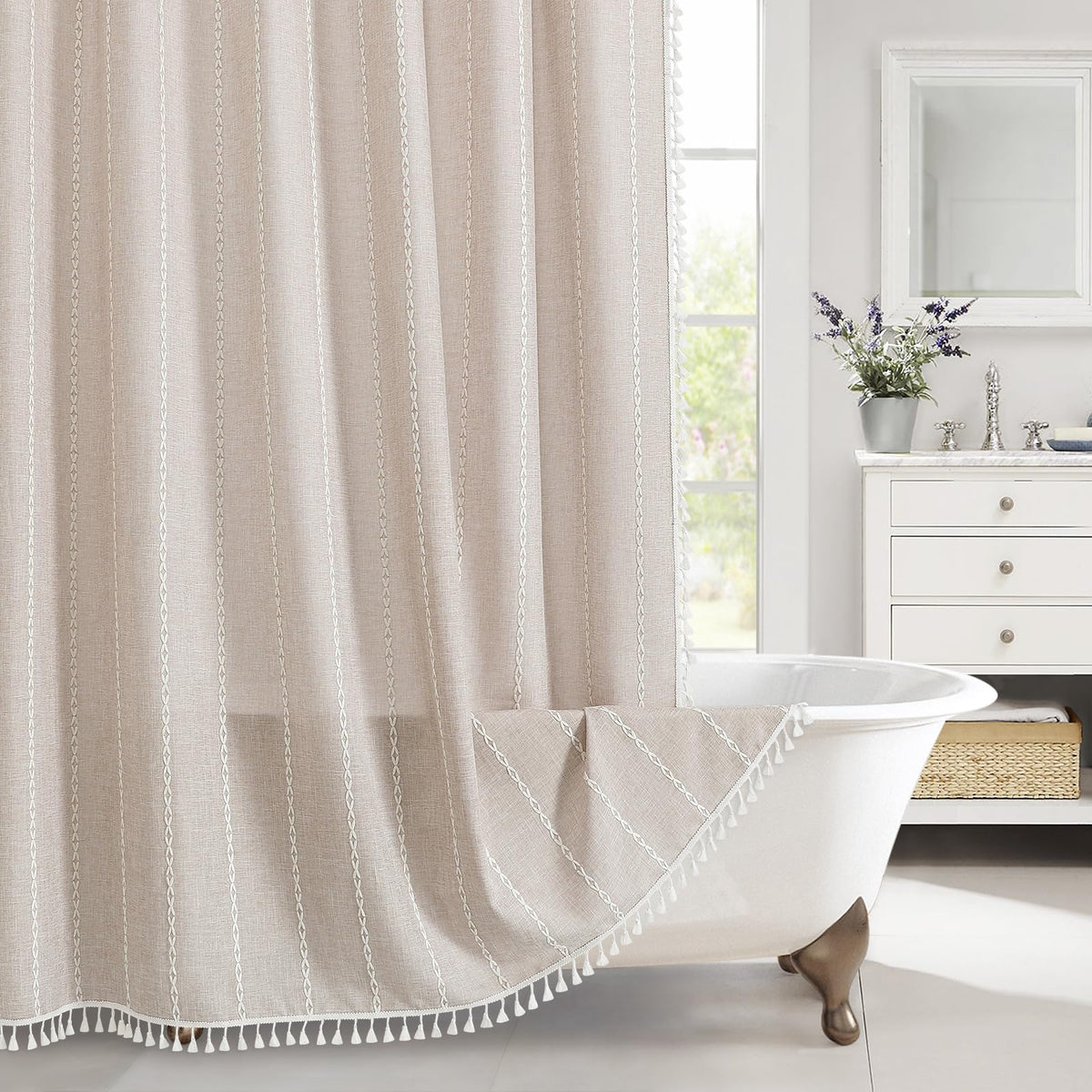 Boho Farmhouse Tassel Linen Shower Curtain,3D Embroidery Stripe Blue,72x72