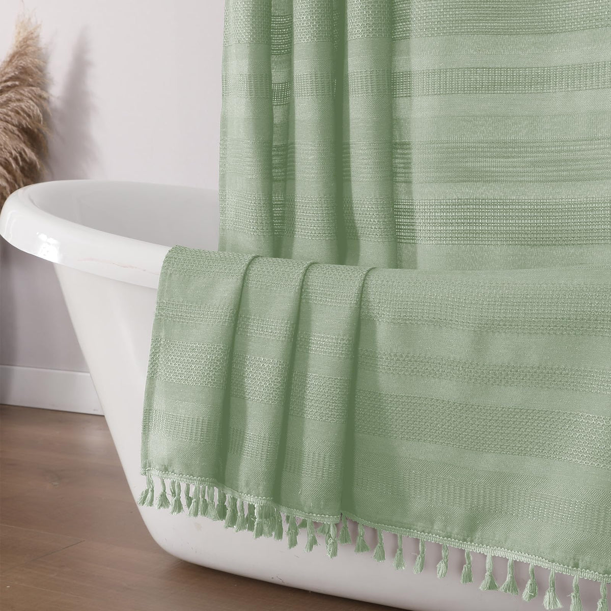 OVZME Extra Long Linen Shower Curtain - 84 Inch Long, Modern Farmhouse Heavy Duty Textured Soft Fabric, Rustic Country Boho Cloth Shower Curtain with Tassel for Bathroom Hotel, 72Wx84L Inches