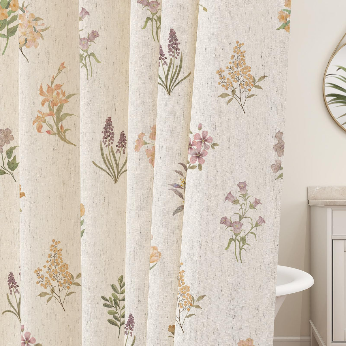 Floral Linen Shower Curtain, Spring Vintage Farmhouse Style, 72x72
