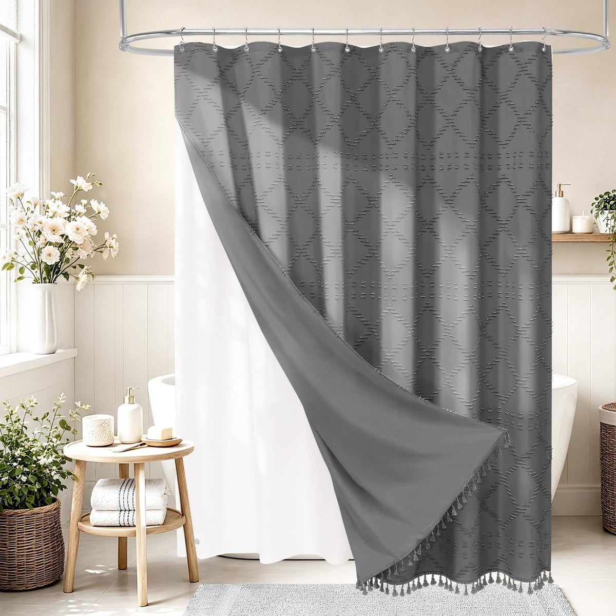 Blue Boho Woven Fabric Shower Curtain with Tassel 72 x 72, Tufted Textured