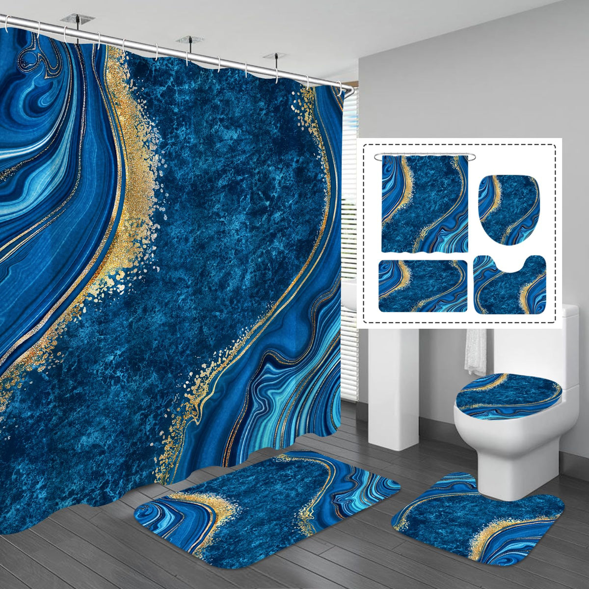 Gibelle 4 Pcs Luxury Marble Shower Curtain Set with Non-Slip Rugs, Toilet Lid Cover and Bath Mat, Black Gold Bathroom Decor Set with Shower Curtain and Rugs and Accessories