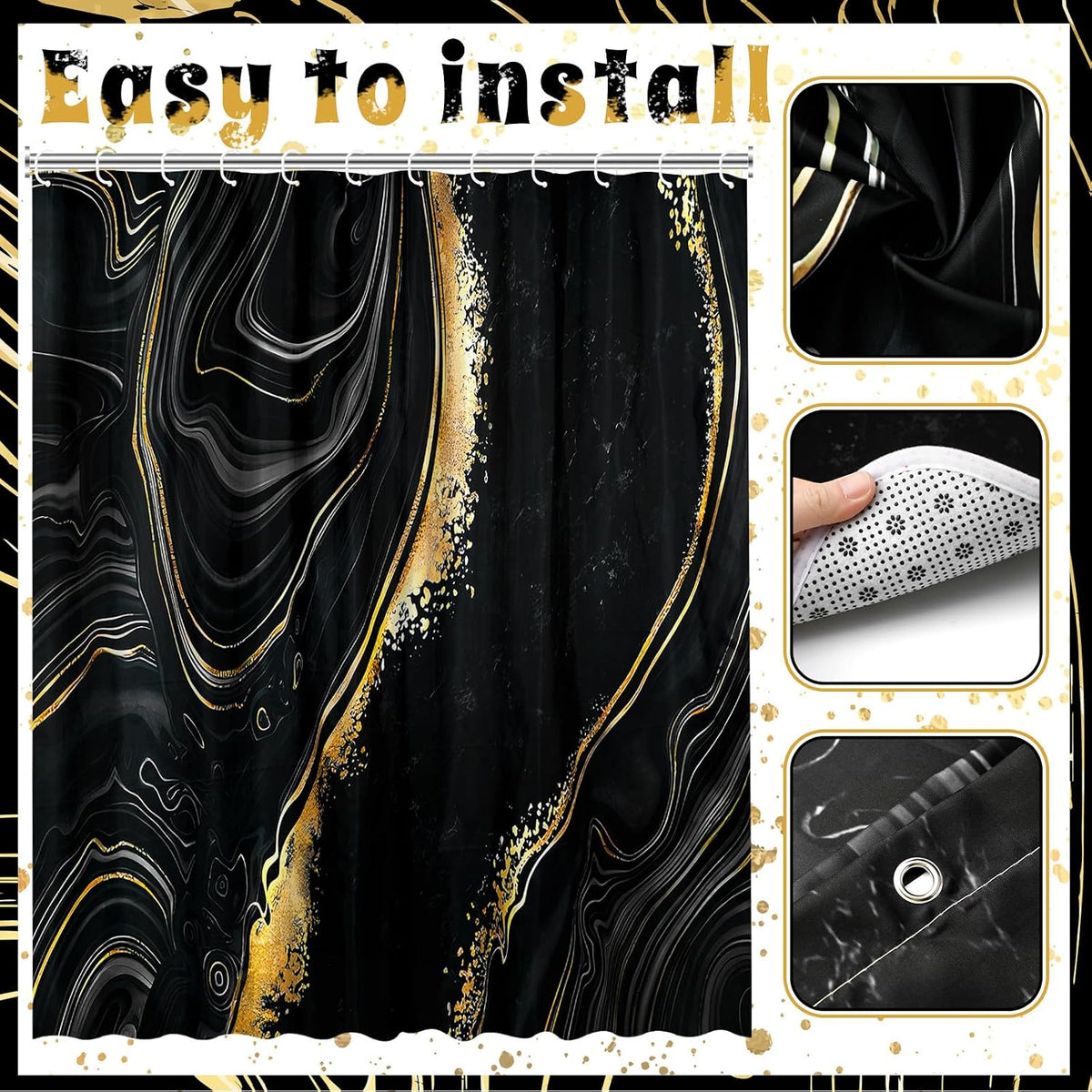 Patelai 10 Pcs Black and Gold Marble Bathroom Decor Set with Shower Curtain
