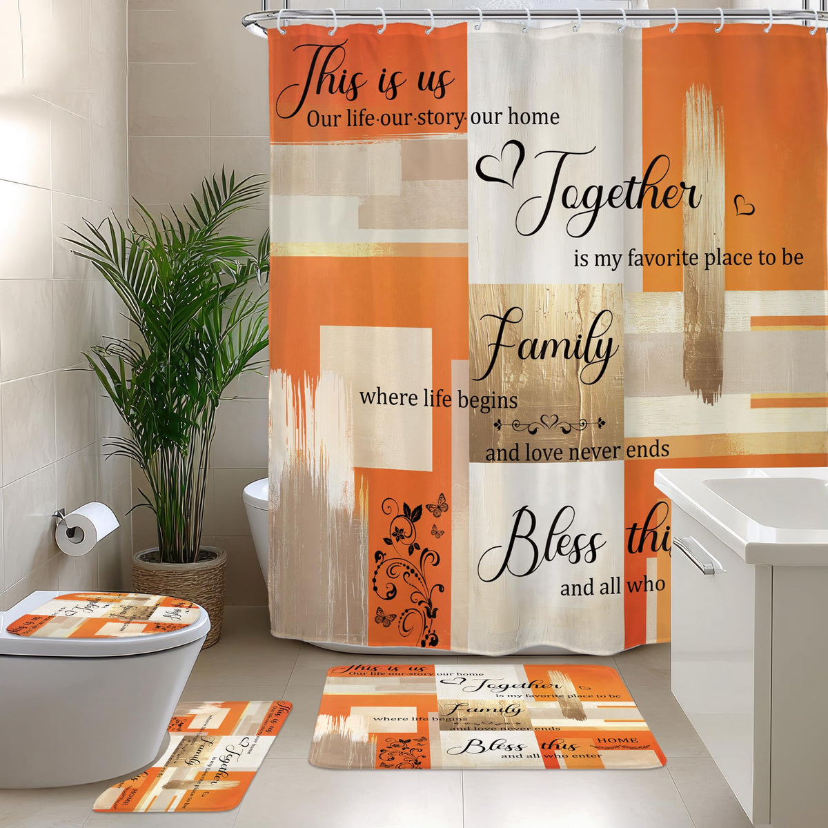Black Gold Abstract Modern Oil 4Pcs Bathroom Shower Curtain Set with Rugs
