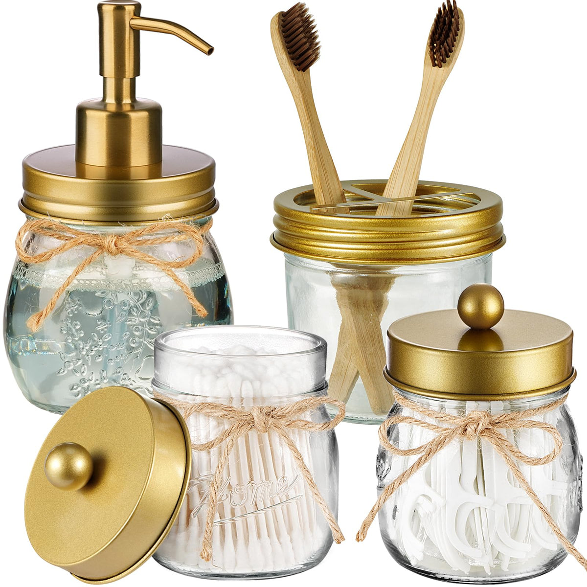 Amolliar Glass Mason Jar Bathroom Accessories Set 4 Pcs (Bronze)