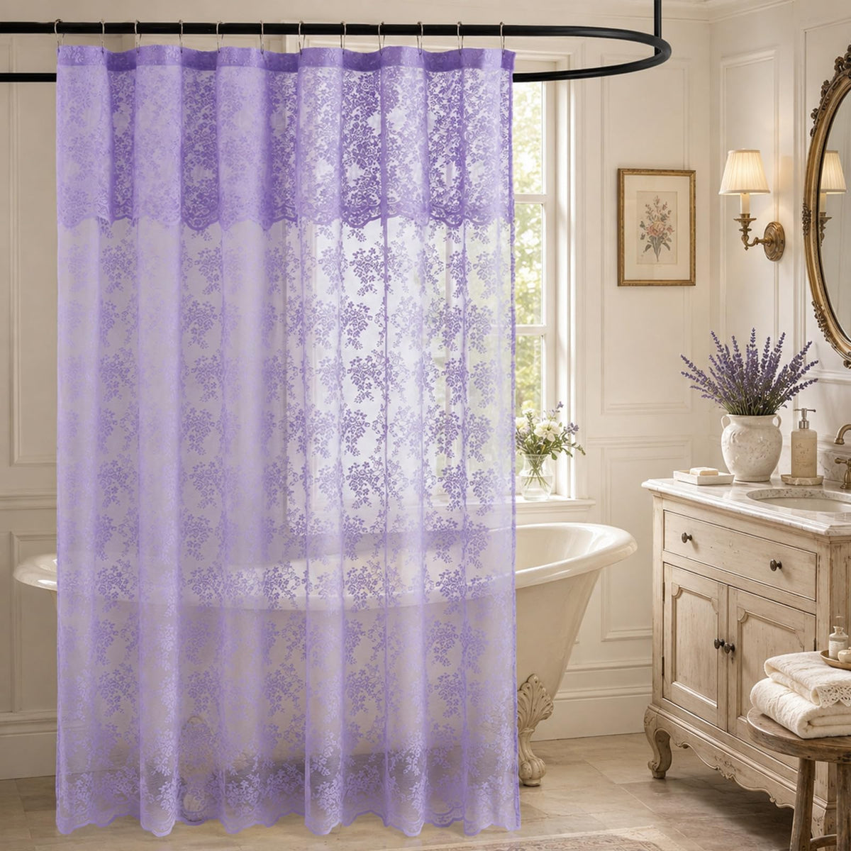 TUDECO Black Lace Shower Curtain with Valance, Gothic Style, 72 x 72 Inch