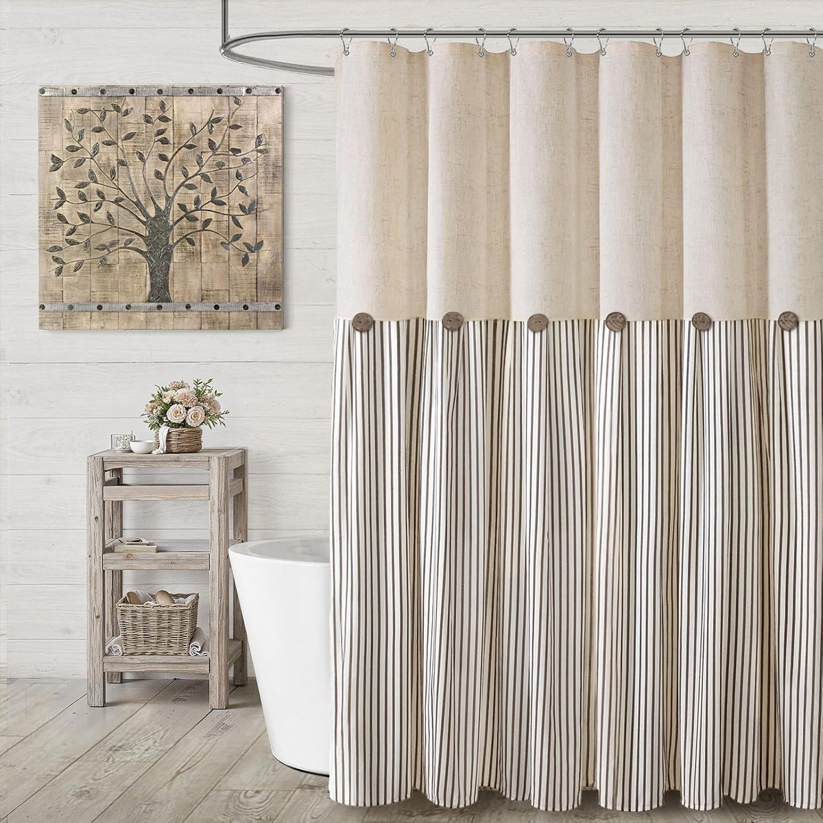 Farmhouse Shower Curtain Linen Beige Button Brown Stripe 72"W x 72"L