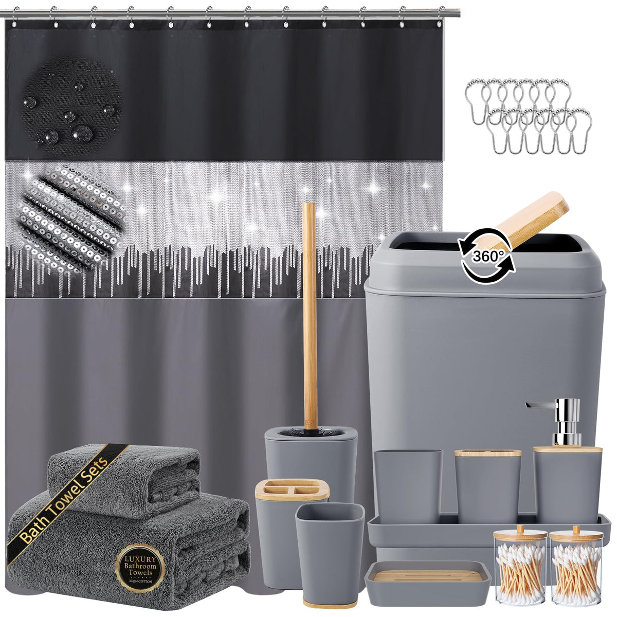 XLHOMO Bathroom Sets with Shower Curtain and Rugs,24PCS Black Bathroom Set Shower Curtain Set with Bathroom Trash Can Bathroom Accessories