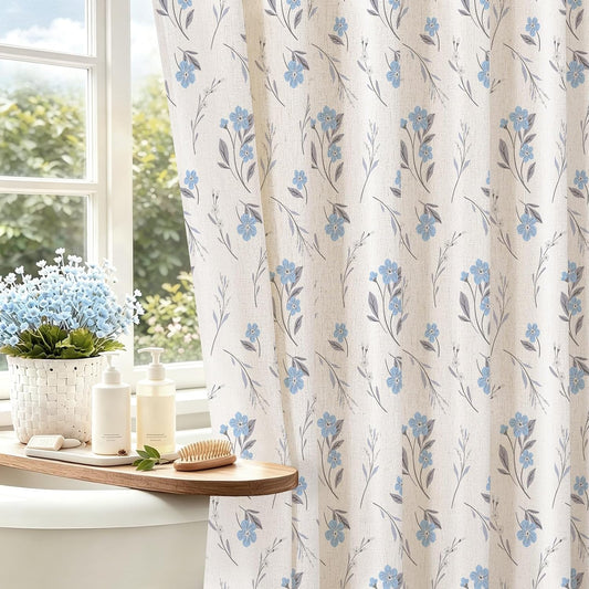 Blue Linen Farmhouse Shower Curtain, Vintage Boho Floral 72x72