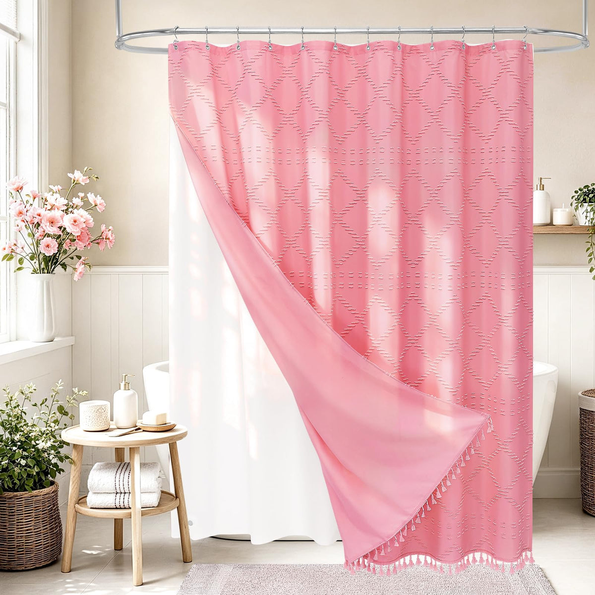Blue Boho Woven Fabric Shower Curtain with Tassel 72 x 72, Tufted Textured