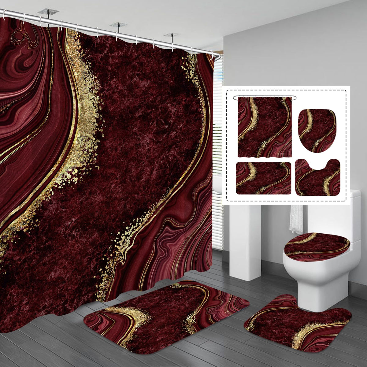 Gibelle 4 Pcs Luxury Marble Shower Curtain Set with Non-Slip Rugs, Toilet Lid Cover and Bath Mat, Black Gold Bathroom Decor Set with Shower Curtain and Rugs and Accessories
