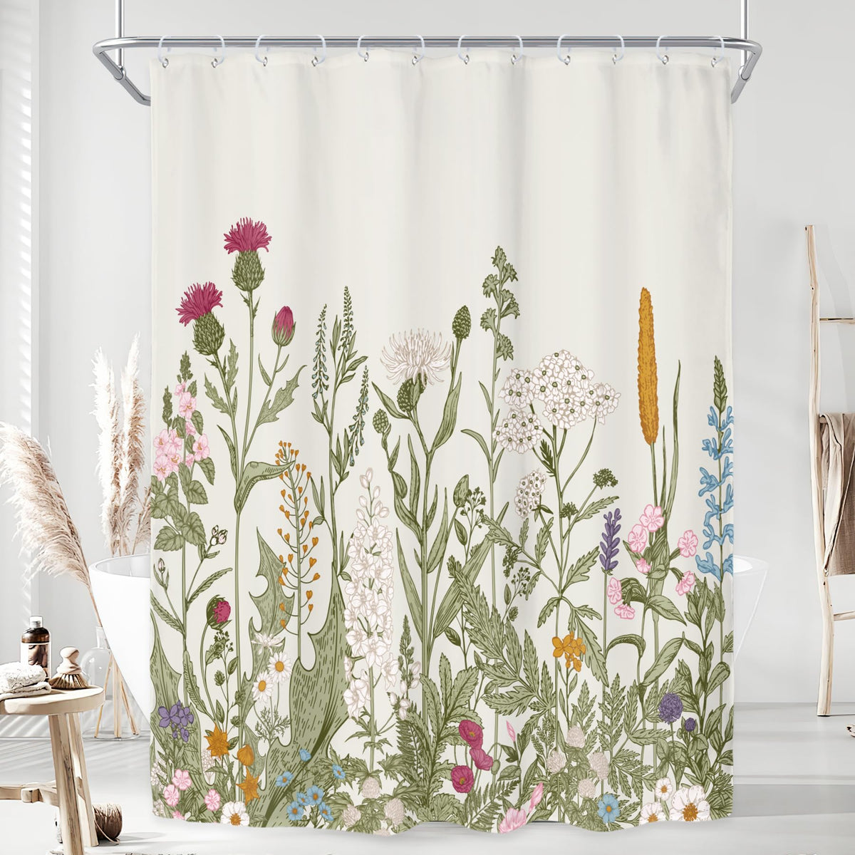 Sage Green Floral Wildflower Plant Herbs Nature Bathroom Shower Curtain Set