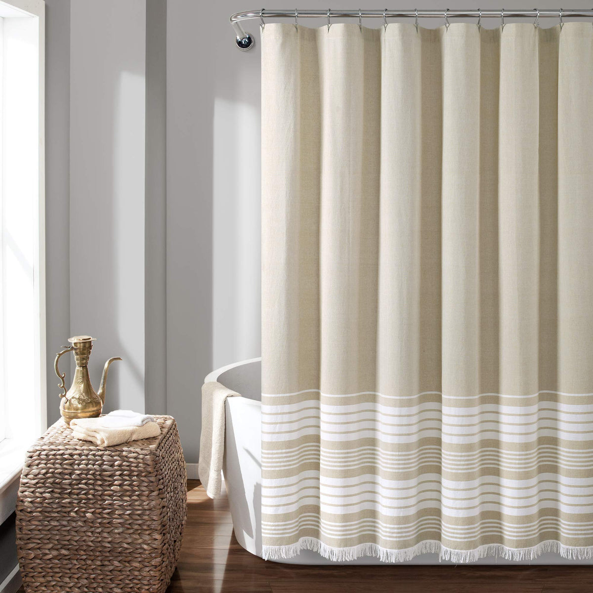 Lush Decor Nantucket Yarn Dyed Cotton Blend Tassel Fringe Shower Curtain Single 72" W x 72" L Navy - Blue Shower Curtains for Bathroom Curtain