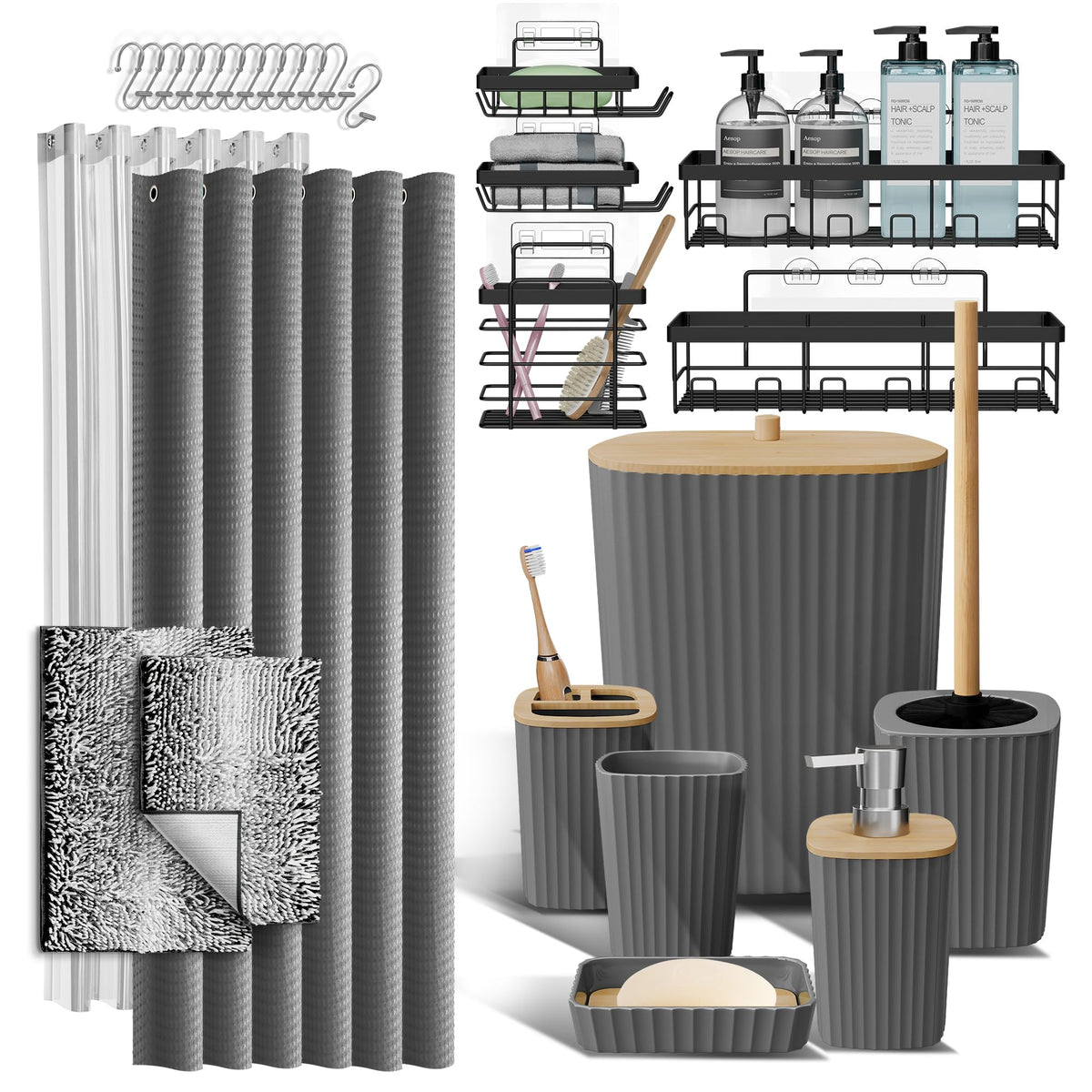 Clara Clark Black Bathroom Set, Shower Curtain Set, Bathroom Accessory Set