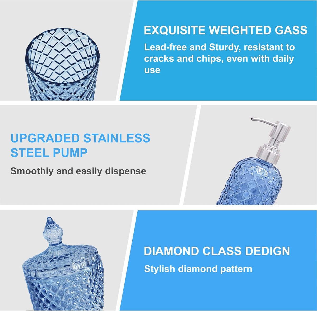 LaMarriti Blue Bathroom Accessories Set, 4Pcs Clear Glass Bathroom Set