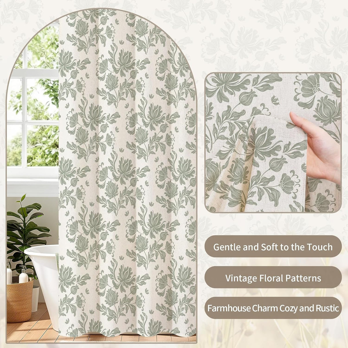 MitoVilla Sage Linen Farmhouse Shower Curtain, Vintage Boho Floral 72x72