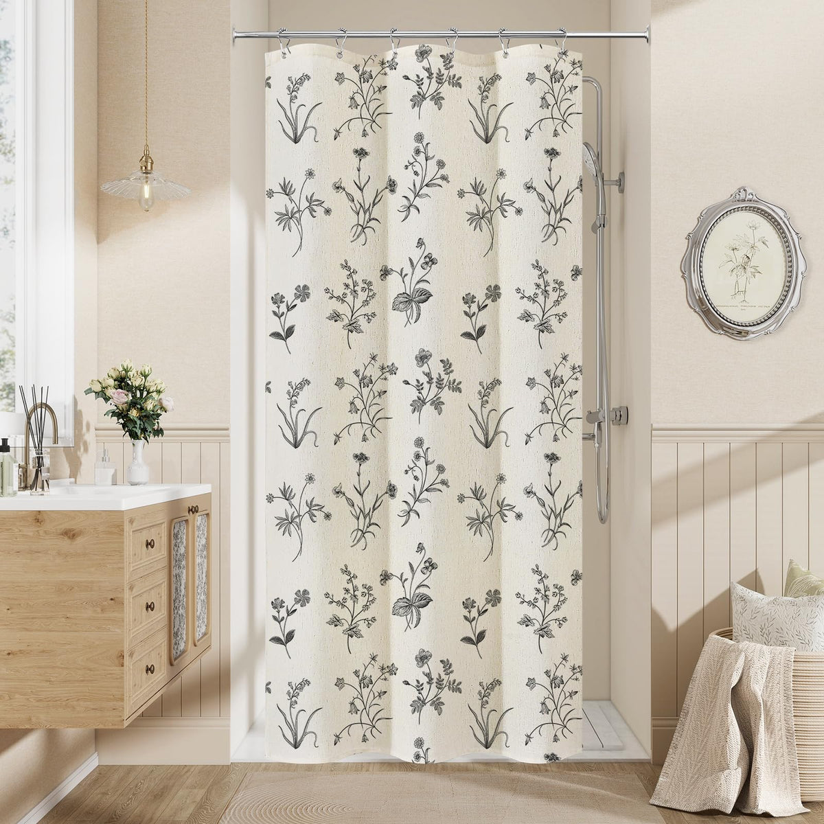 MitoVilla Blue Boho Linen Shower Curtain - Floral Farmhouse Curtain 72x72