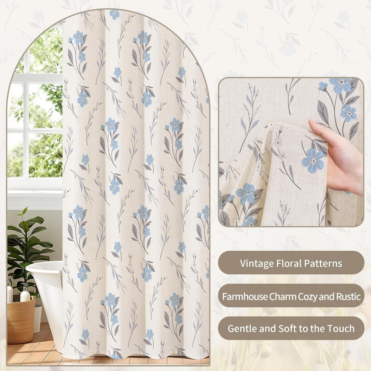 Blue Linen Farmhouse Shower Curtain, Vintage Boho Floral 72x72