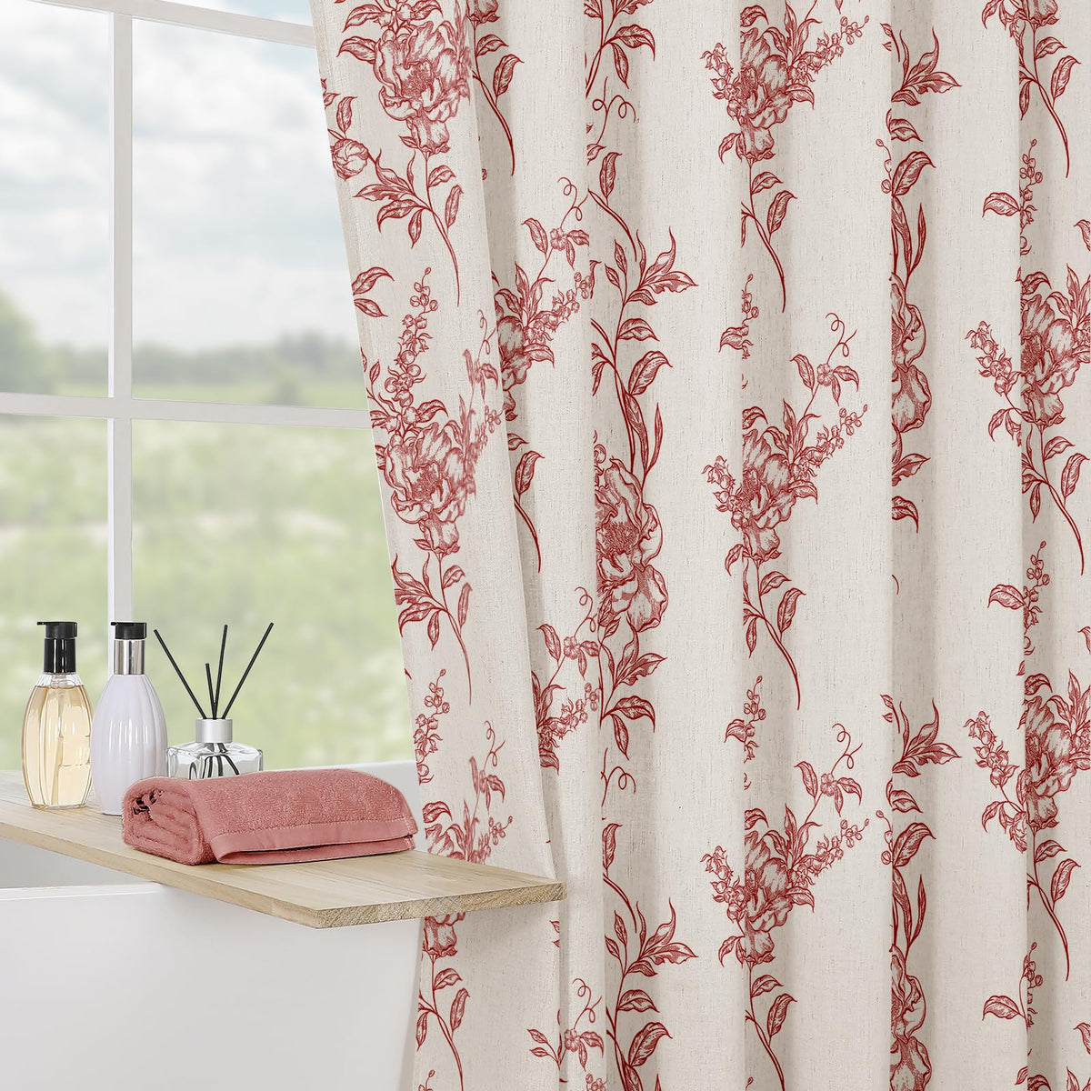 Sage Linen Farmhouse Shower Curtain, Boho Floral Bathroom 72x72