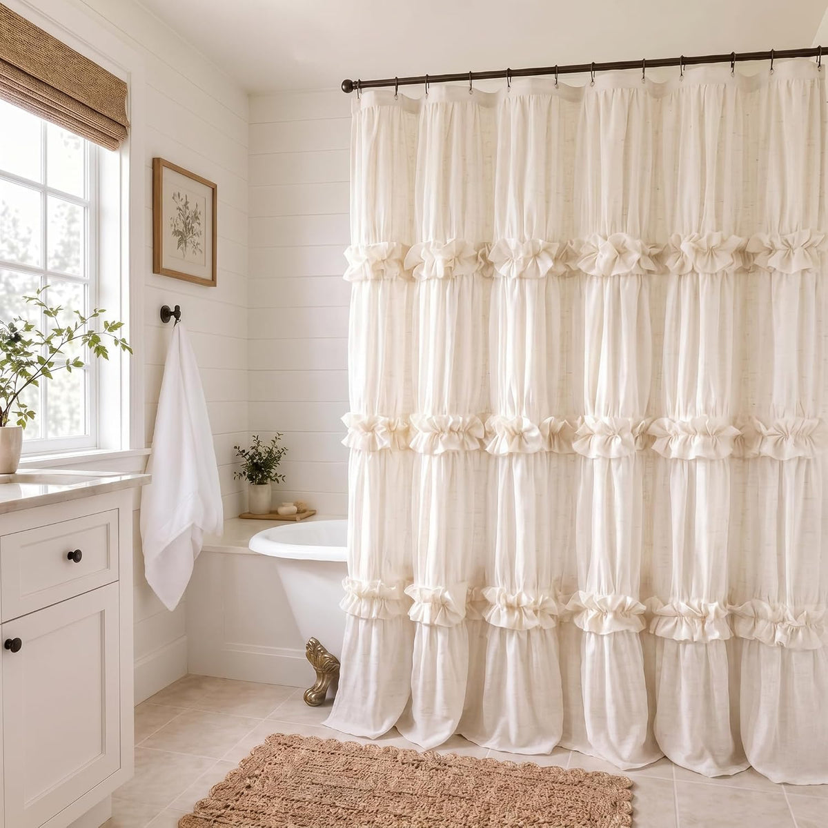 Boho Ruffle Farmhouse Fall Linen Shower Curtain Vintage Cream 72" W x 72" H