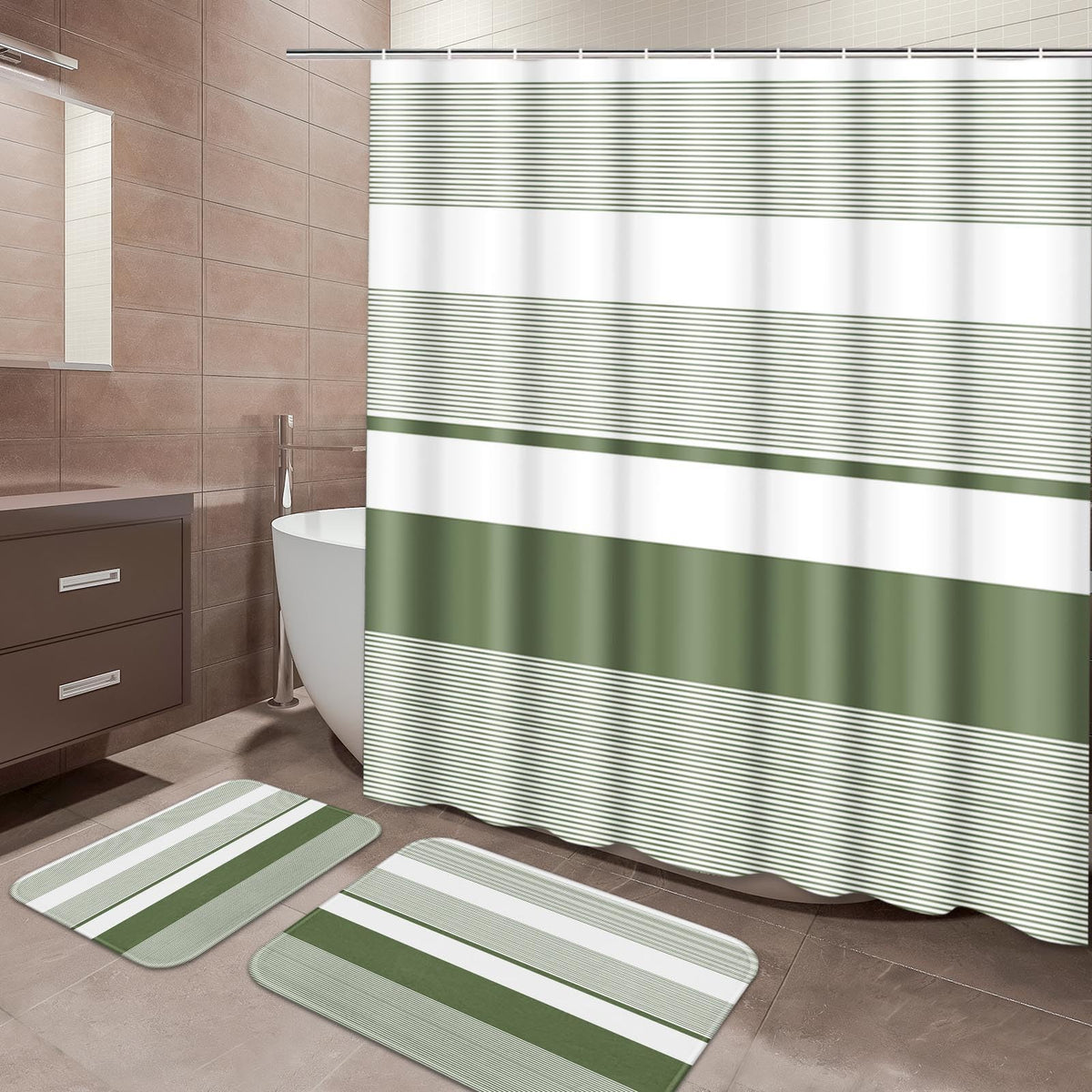ArtSocket Bathroom Set of 3, Shower Curtain and Bath Rugs Beige Striped