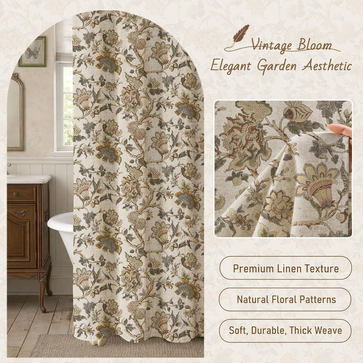 Brown Vintage Floral Shower Curtain for Bathroom,72W*72H Inch
