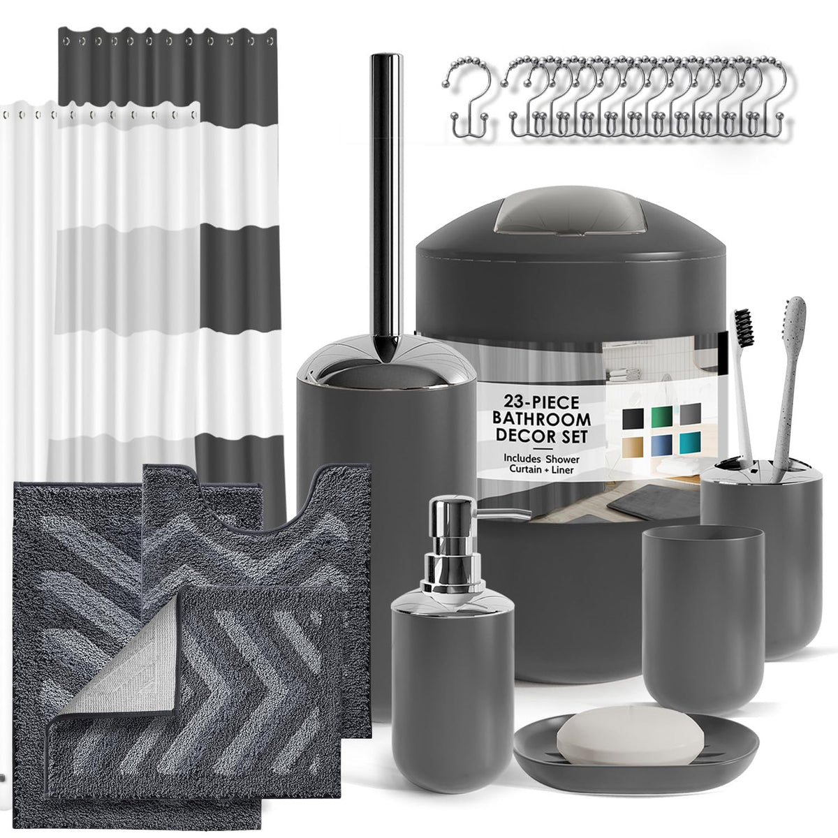 Clara Clark Bathroom Set - Navy Bathroom Accessories Set, 20PC Bathroom Accessory Set, Shower Curtain Set with Liner, Toothbrush Holder, Soap Dispenser, Soap Dish, Toilet Brush Holder, and Trash Can