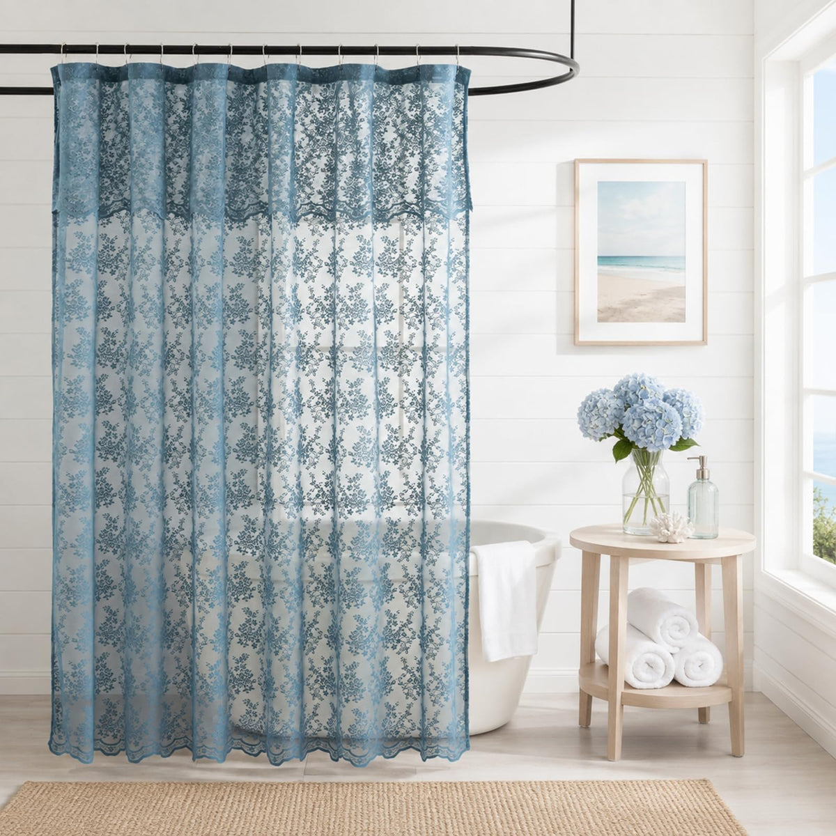 Ivory Lace Shower Curtain 72x72, Vintage Shabby Chic with Attached Valance
