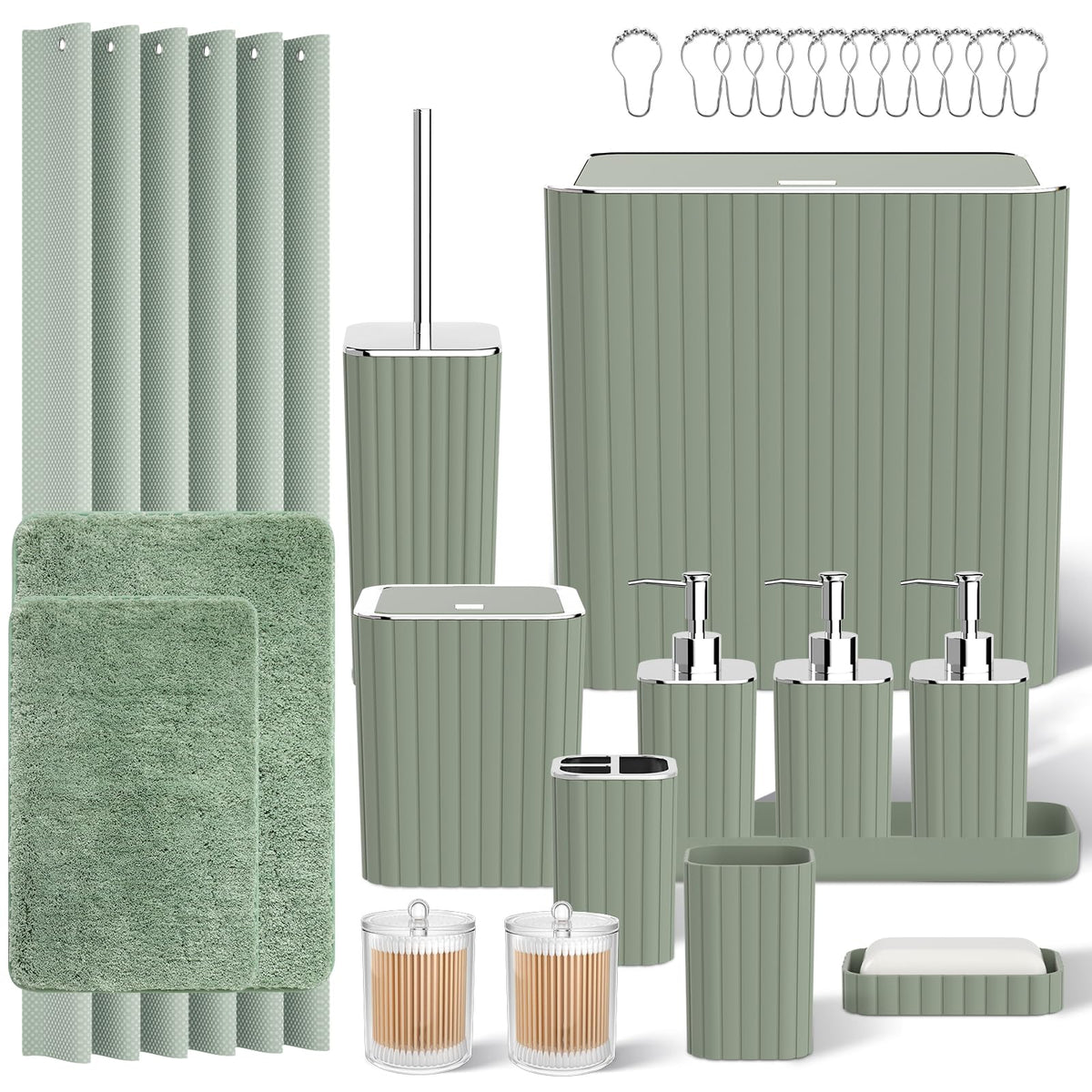 Bathroom Sets with Shower Curtain and Rugs - Elegant Bathroom Set, 27PC Bathroom Accessories Set, Green Bathroom Set, Mini Trash Can, Toilet Brush, Trash Can & Soap Dispenser