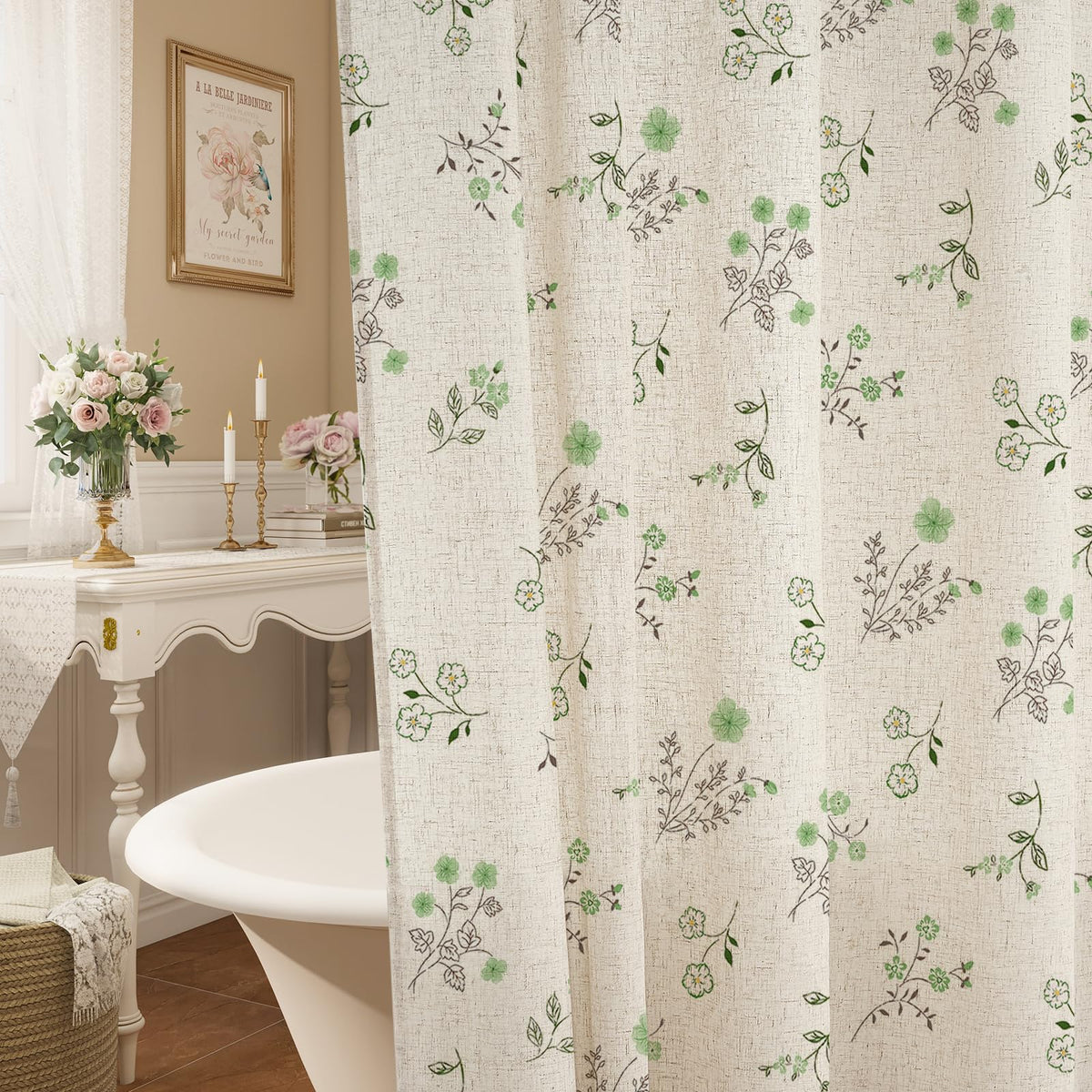 Farmhouse Linen Shower Curtain, Boho Garden Floral Curtain, 72 x 72