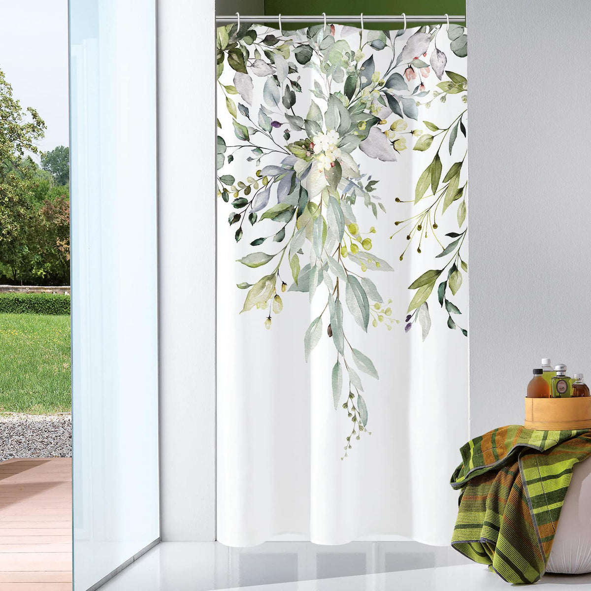 Gibelle Olive Green Eucalyptus Shower Curtain, Floral Print, 72x72