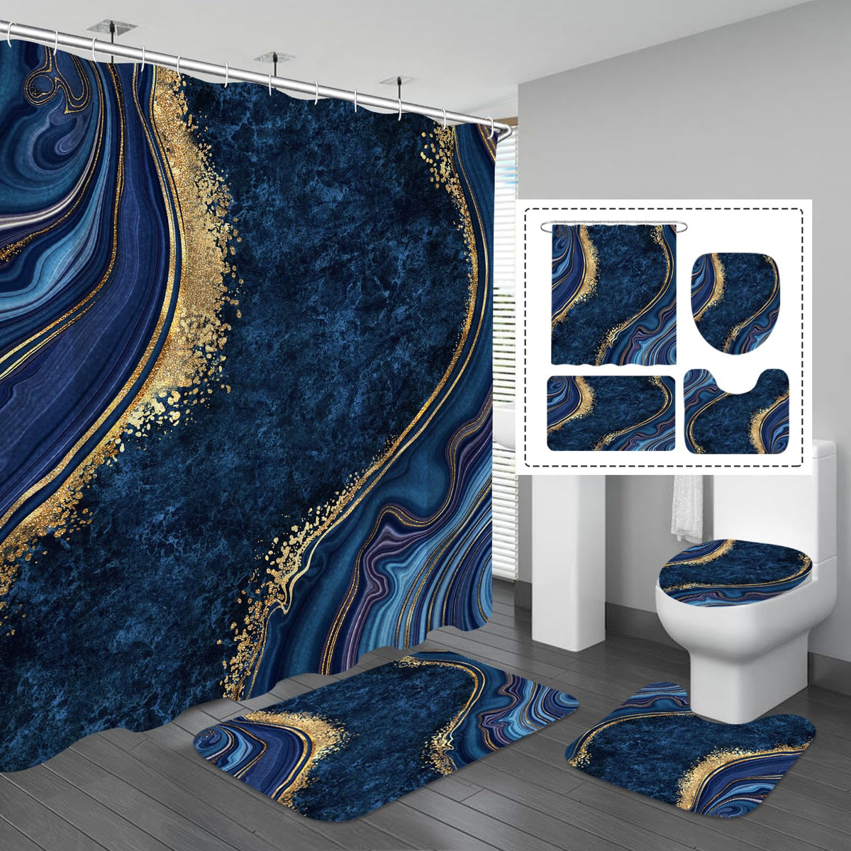 Gibelle 4 Pcs Luxury Marble Shower Curtain Set with Non-Slip Rugs, Toilet Lid Cover and Bath Mat, Black Gold Bathroom Decor Set with Shower Curtain and Rugs and Accessories