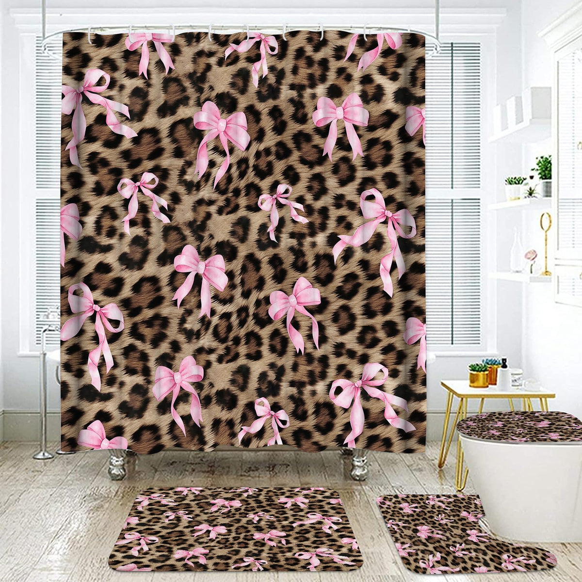 Leopard Shower Curtain 4Pcs Cheetah Print Shower Curtain Sets with Rugs