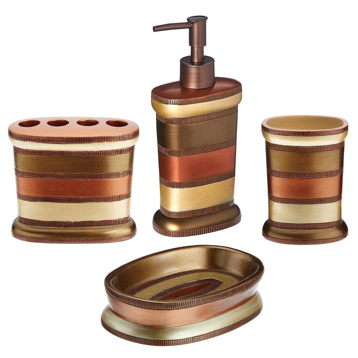 Zahari Home 4pc Modern Line Modern Bathroom Accessories Set Modern Soap Dispenser, Tumbler, Tooth Brush Holder and Dish Soap Holder Luxury Contemporary Grey Decor Unique Design Luxury Bath Set