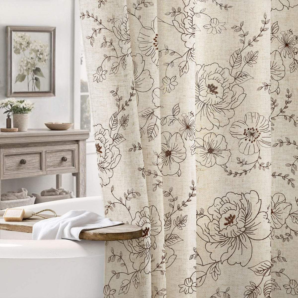 Farmhouse Floral Vintage Shower Curtain for Bathroom, Black and Tan Taupe