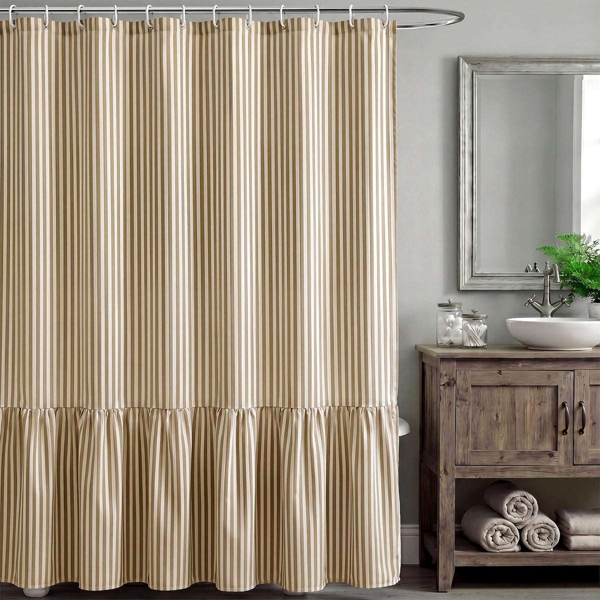 HunnmingRe Sage Green Farmhouse Striped Shower Curtain Tasseled 72x72 Inch