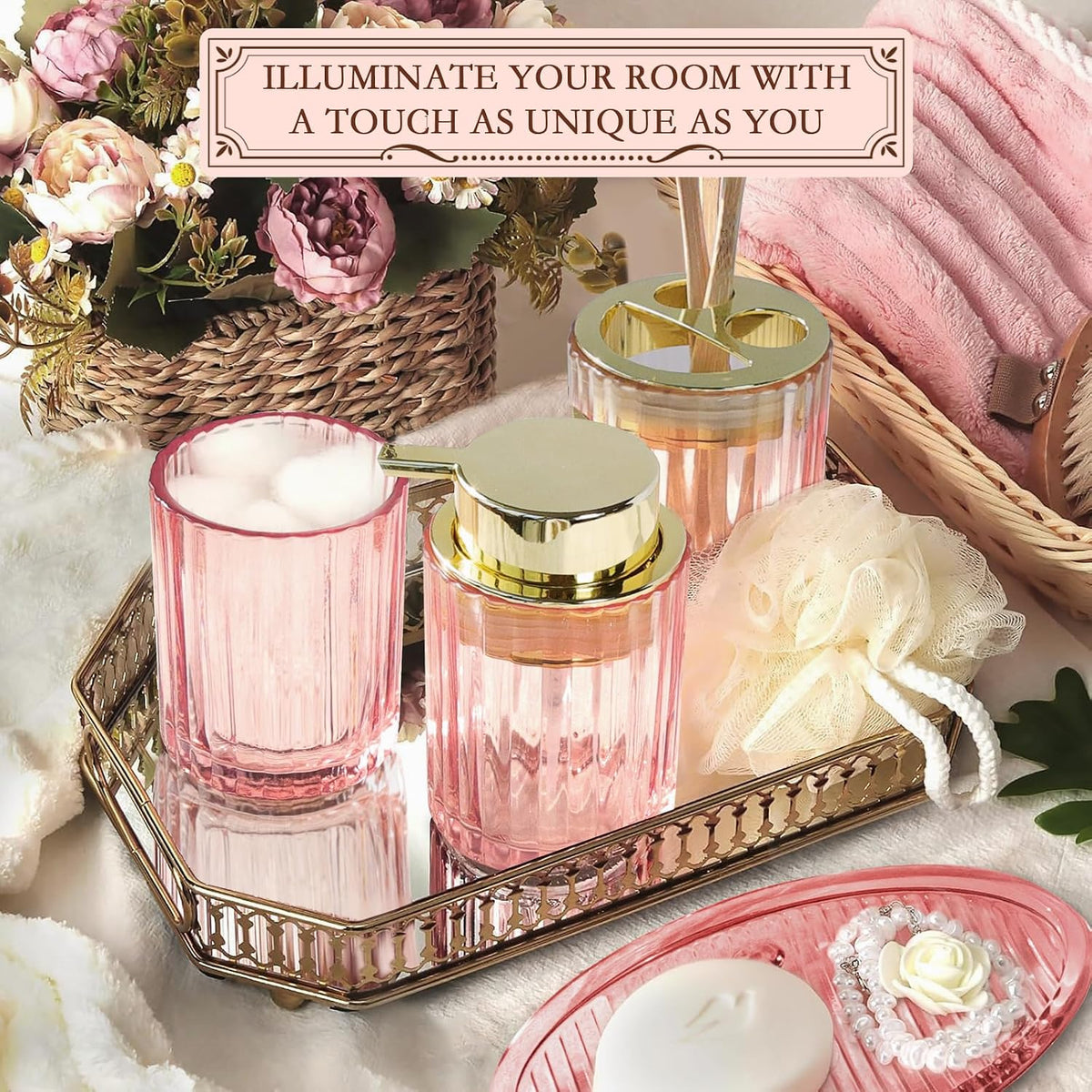 CERBIOR Bathroom Accessories Set, 4 PCS Glass Bathroom Set,Golden Pink