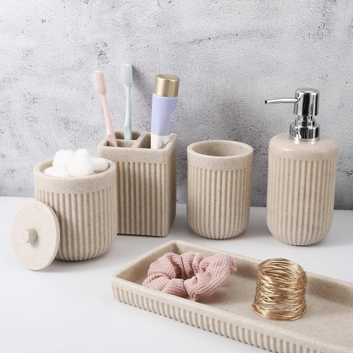 XLHOMO Resin Matte Black Bathroom Accessories Set 5 Pcs, Lotion Soap Dispenser, Toothbrush Holder, Bathroom Tumbler, Qtip Holder and Vanity Tray, Bathroom Countertop Organizer Set for Home Apartment