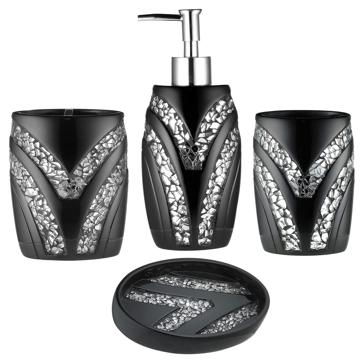 Zahari Home 4pc Modern Line Modern Bathroom Accessories Set Modern Soap Dispenser, Tumbler, Tooth Brush Holder and Dish Soap Holder Luxury Contemporary Grey Decor Unique Design Luxury Bath Set