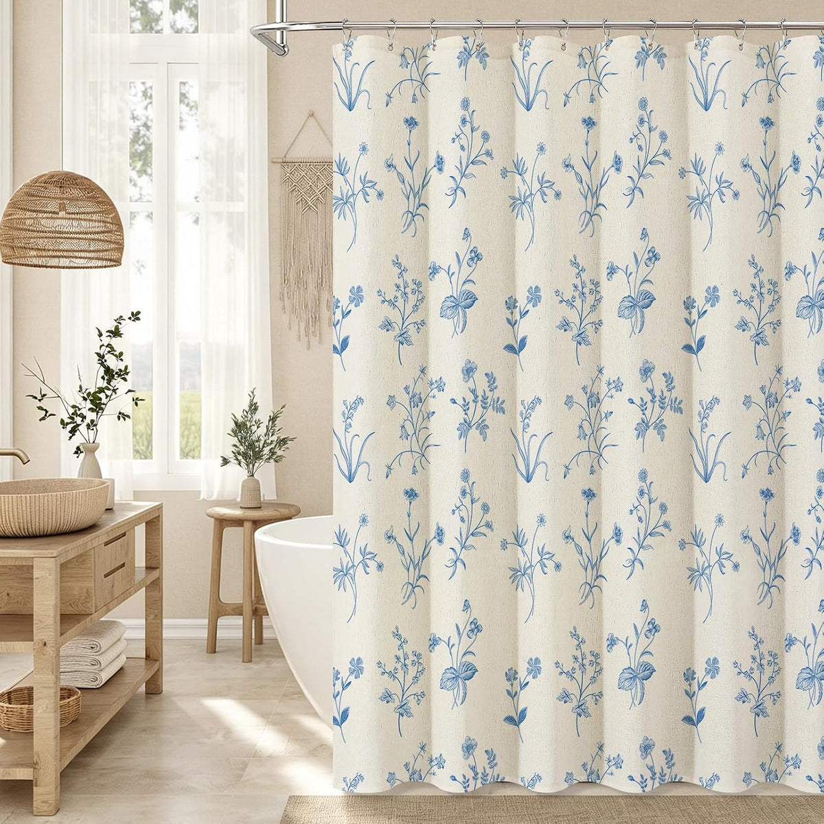 MitoVilla Blue Boho Linen Shower Curtain - Floral Farmhouse Curtain 72x72